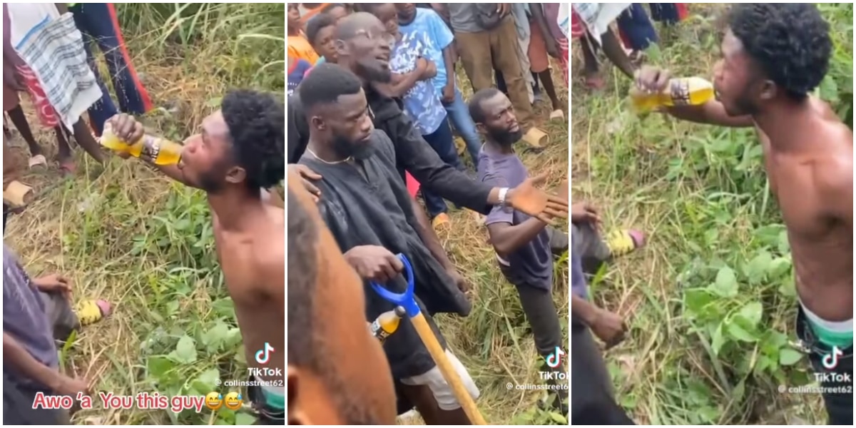 Moment thief is given energy drink to boost his strength for the jungle justice he was subjected to