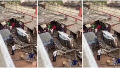 Moment car falls off bridge in Lagos
