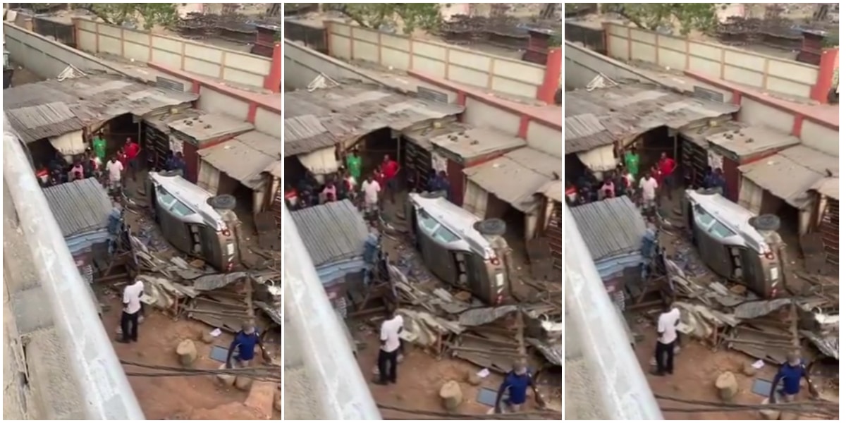 Moment car falls off bridge in Lagos