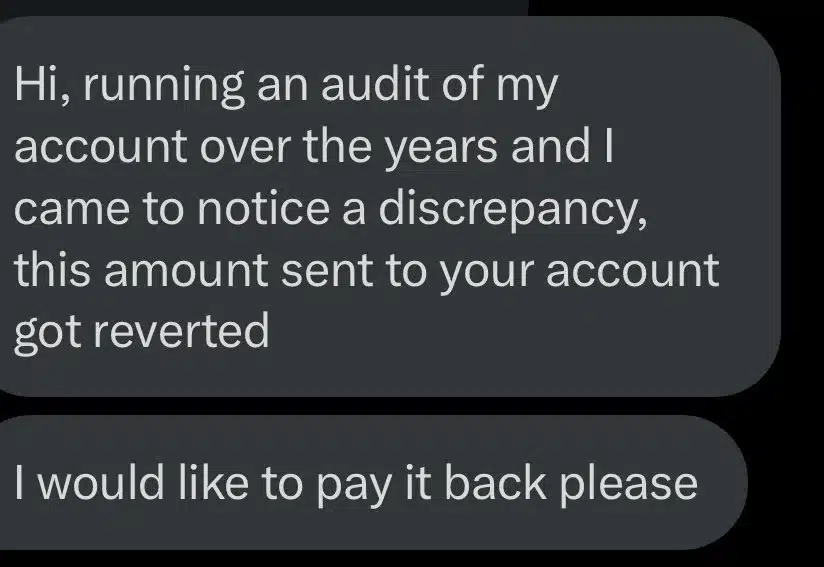 Business woman expresses gratitude as man repays her for transaction he made in 2021 which was mistakenly reverted to his account 