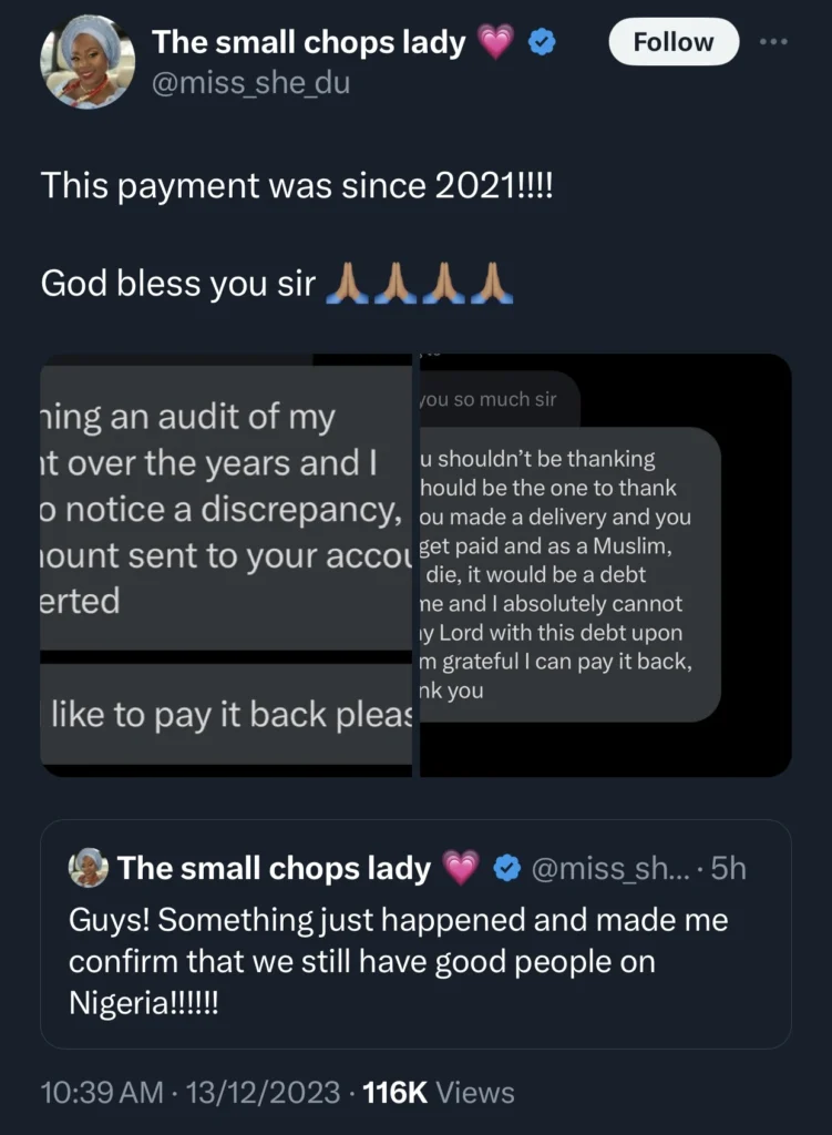 Business woman expresses gratitude as man repays her for transaction he made in 2021 which was mistakenly reverted to his account 