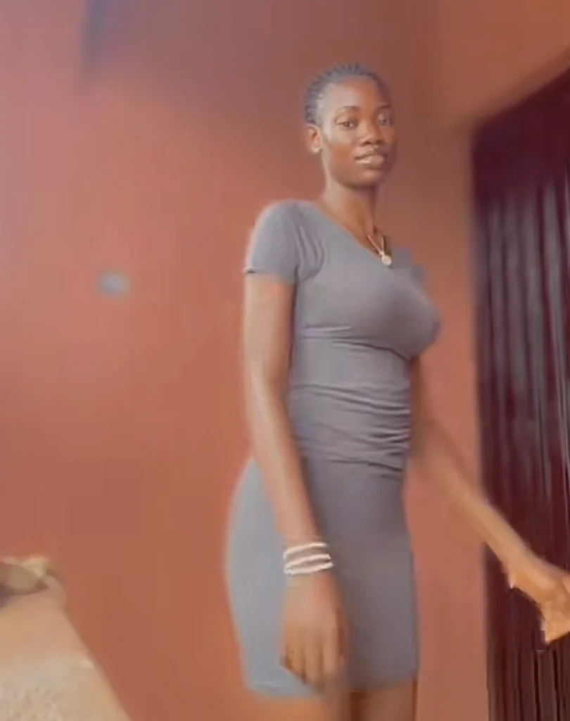 “That boy is your dad” — Netizens tell lady after she recorded her younger brother pulling her short gown to make it longer 