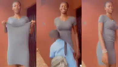 “That boy is your dad” — Netizens tell lady after she recorded her younger brother pulling her short gown to make it longer