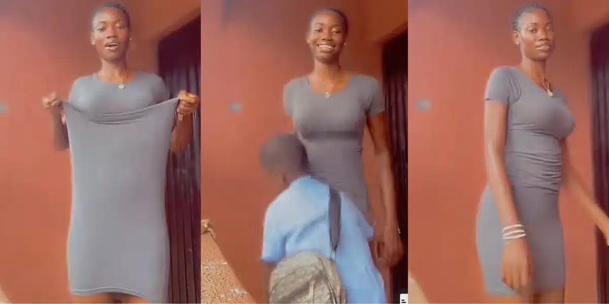 “That boy is your dad” — Netizens tell lady after she recorded her younger brother pulling her short gown to make it longer