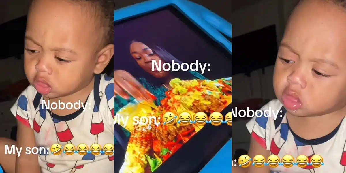 “Feed that baby” — Reactions as little boy salivates as he watches video of woman eating