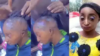 “Mini Jet Li” — Netizens questions as hairstylist make “frontal” ponytail for Aunty Ramota