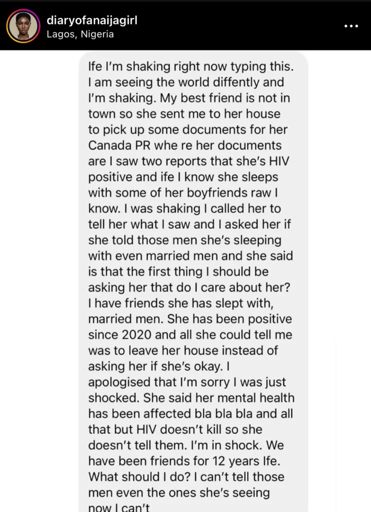 Lady seeks advice as she discovers her best friend is HIV positive and keeps having unprotected sex 