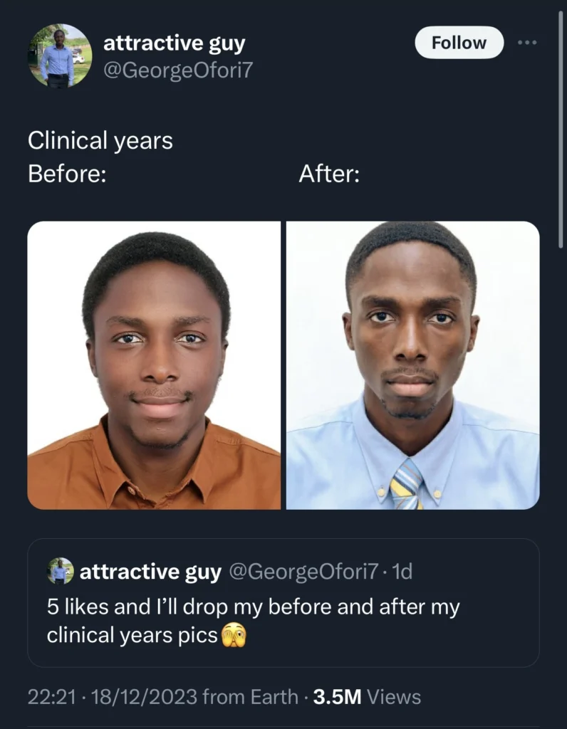 Ghanaian doctor shakes the internet as he shares photos before and after his clinicals