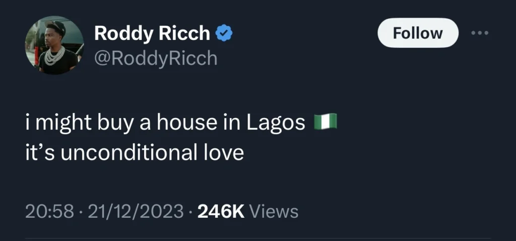 Roddy Ricch set to become new Lagos Landlord as he seeks to buy a house there 