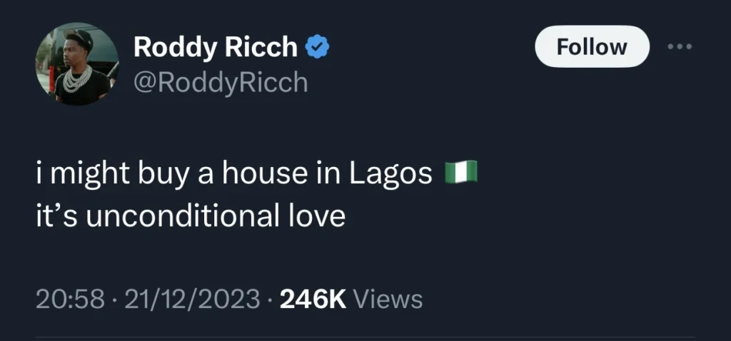 Roddy Ricch set to become new Lagos Landlord as he seeks to buy a house there