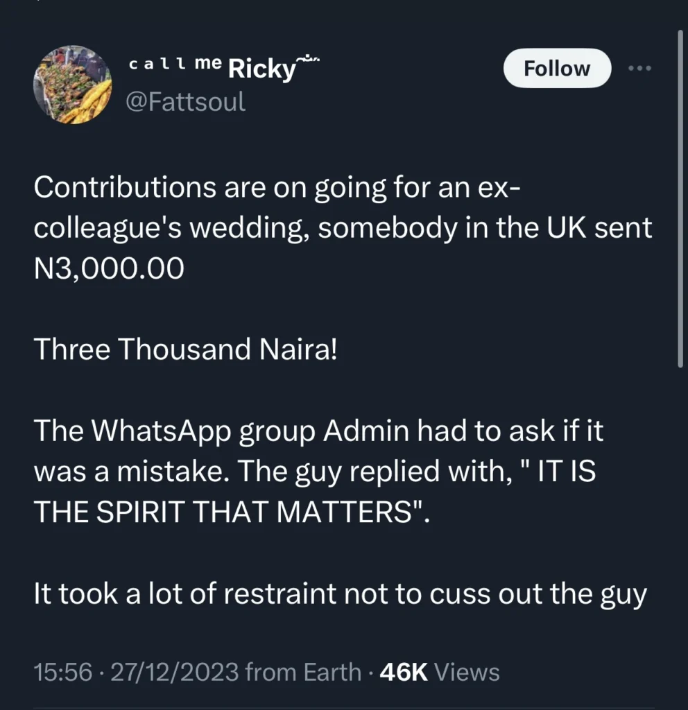 Man boils in anger as UK friend contributes ‘only’ 3 thousand Naira for their colleague’s wedding 