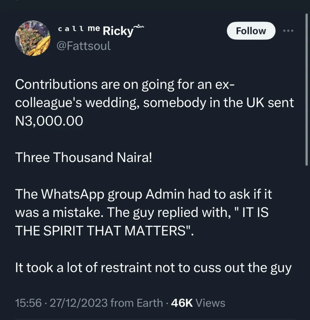 Man boils in anger as UK friend contributes ‘only’ 3 thousand Naira for their colleague’s wedding