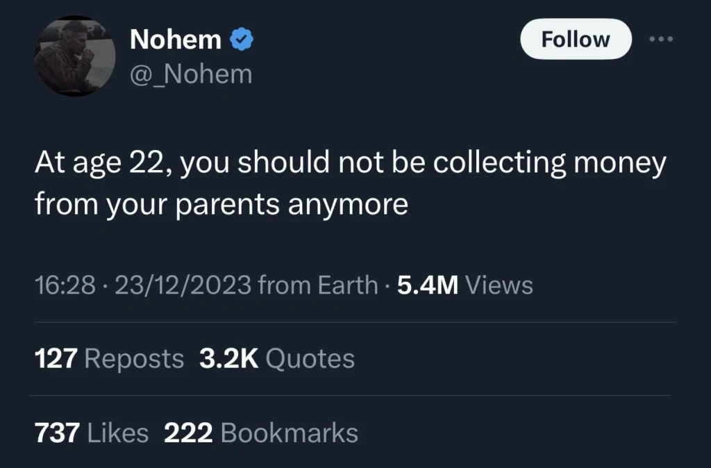 “Stop collecting money from your parents once you turn 22” — Man tells Netizens 