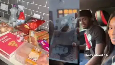 “We bought 10 packets of spaghetti, chocolates, biscuits, pack of chicken…” — U.K. based Nigerian couple show off what minimum 1hour wage in the UK, £10, got them