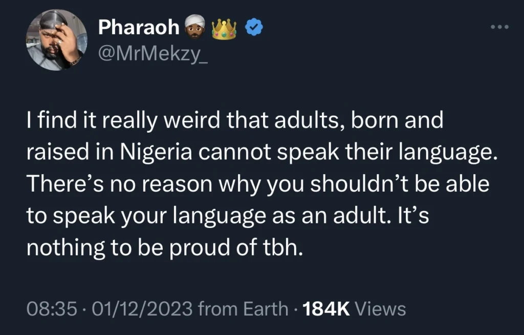 “It’s nothing to be proud of if you can’t speak your native language” — Pharmacist drags English speaking Nigerians 