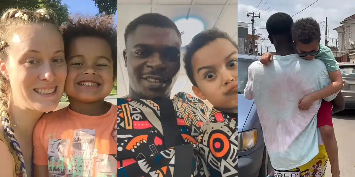 Oyinbo lady over the moon as her new Nigerian husband accepts her son like his own