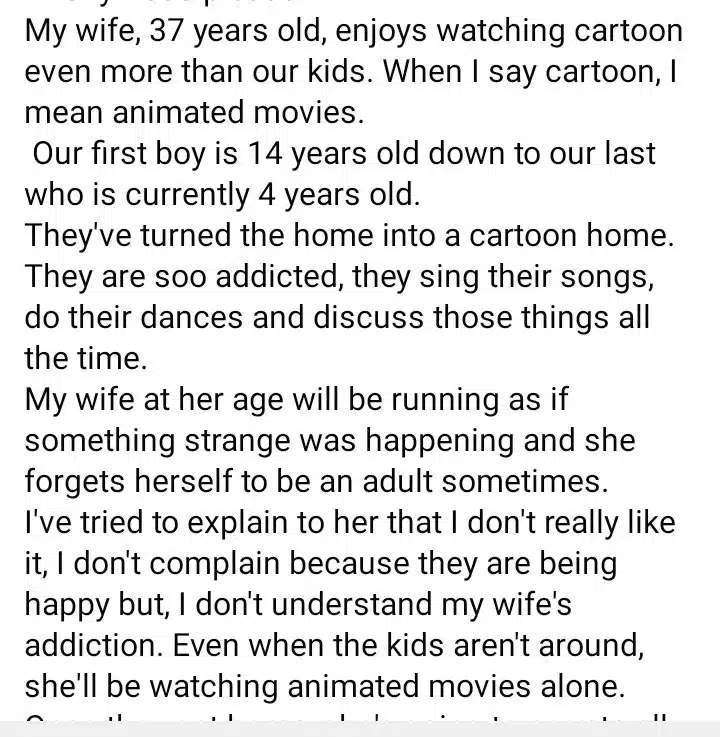 “Na last born you go marry” — Reactions as man cry out over his 37 year old wife watching too much cartoons 