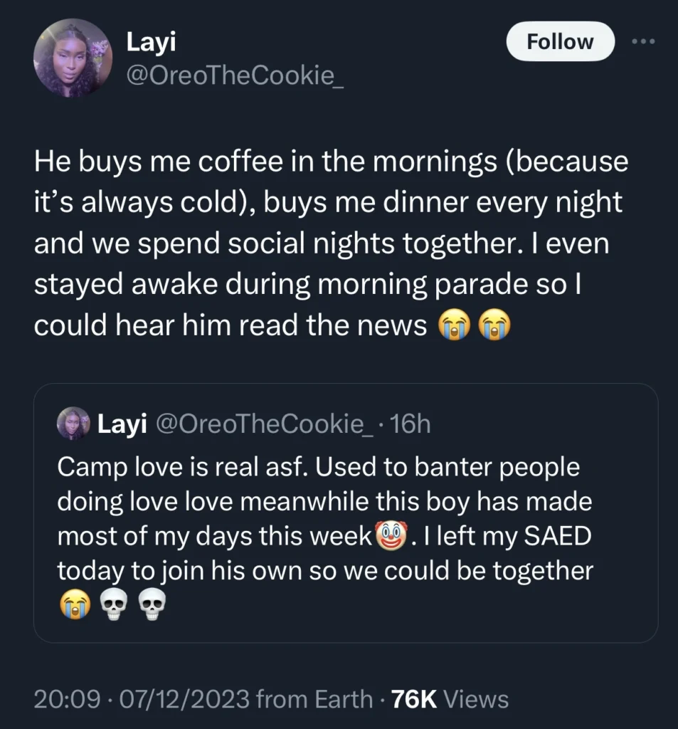 “Camp love is so sweet” — Lady says as she meets her Mr Right after two weeks at NYSC camp
