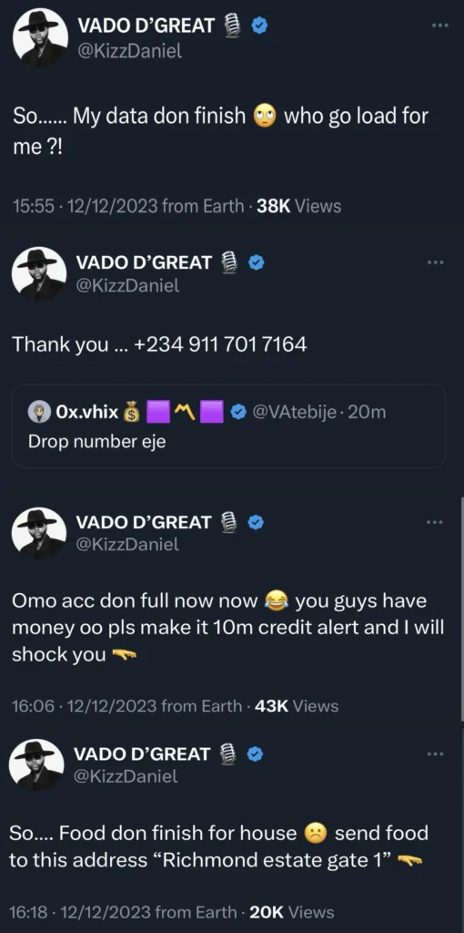 Kizz Daniel causes pandemonium as Netizens queue up to send data to his number 