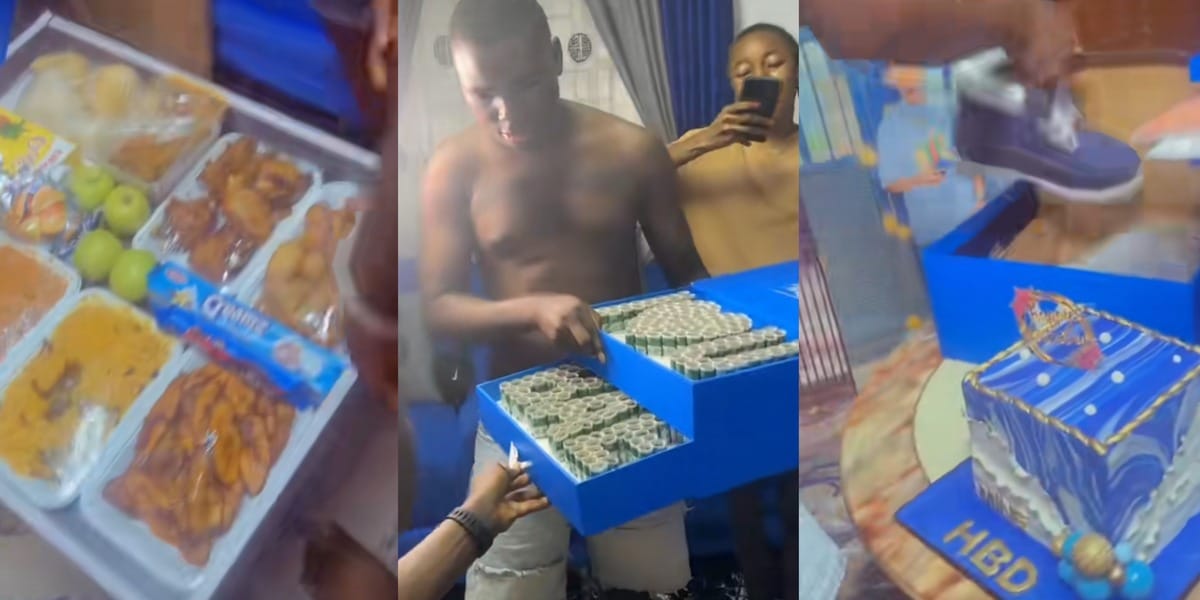 Nigerian man gets delicious meals, money bouquet, wristwatches, shoes, and shirts from girlfriend as birthday treat