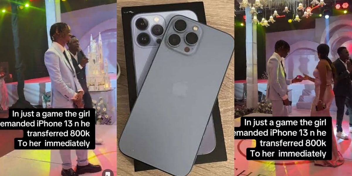 "Money dey, na we broke" - Man wows many, transfers ₦800k to lady during wedding game as she requests iPhone 13 Pro Max