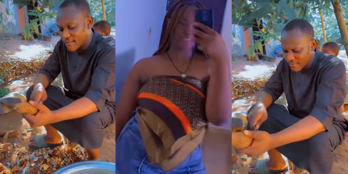 Nigerian man shocks many as he ends up peeling cassava at his girlfriend's family house during visit to see her parents