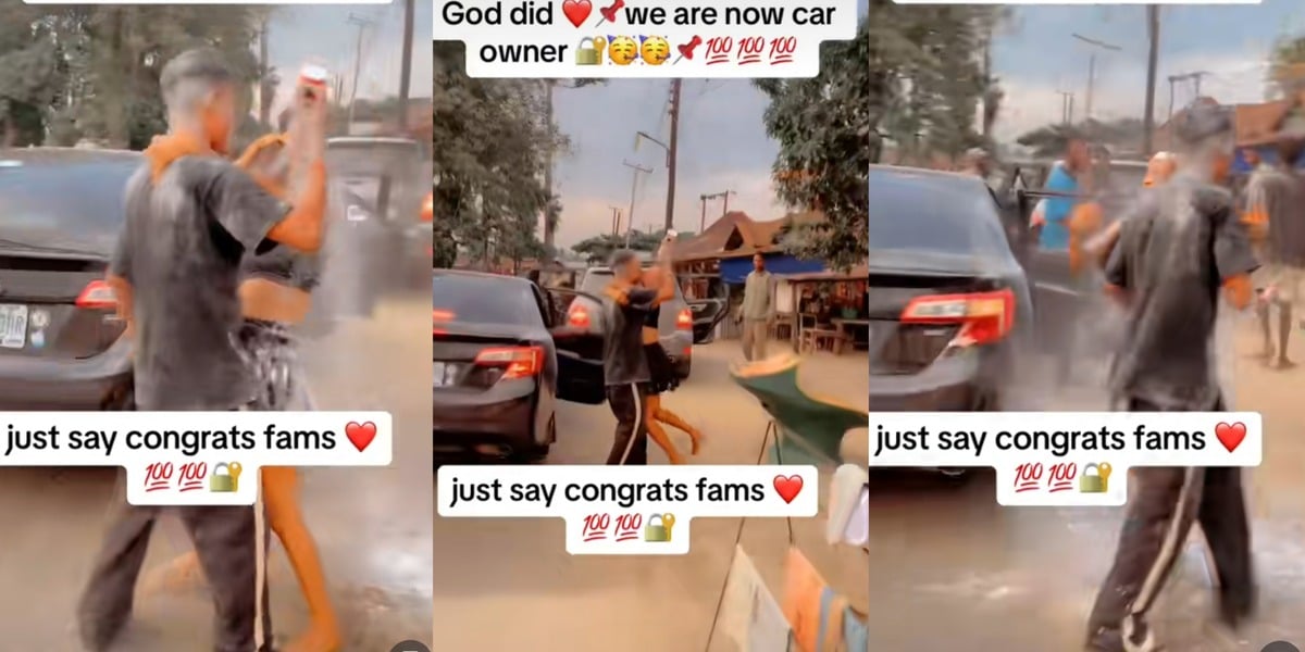 "Congratulations on your front seat, baby girl" - Lovebirds makes it rain 'powder' as they celebrate purchase of new car