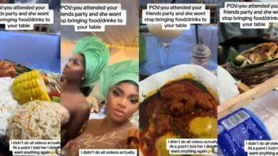 "Only at Yoruba party" - Lady overfed at party stuns many as she begs friend, servers to stop serving her food and drinks