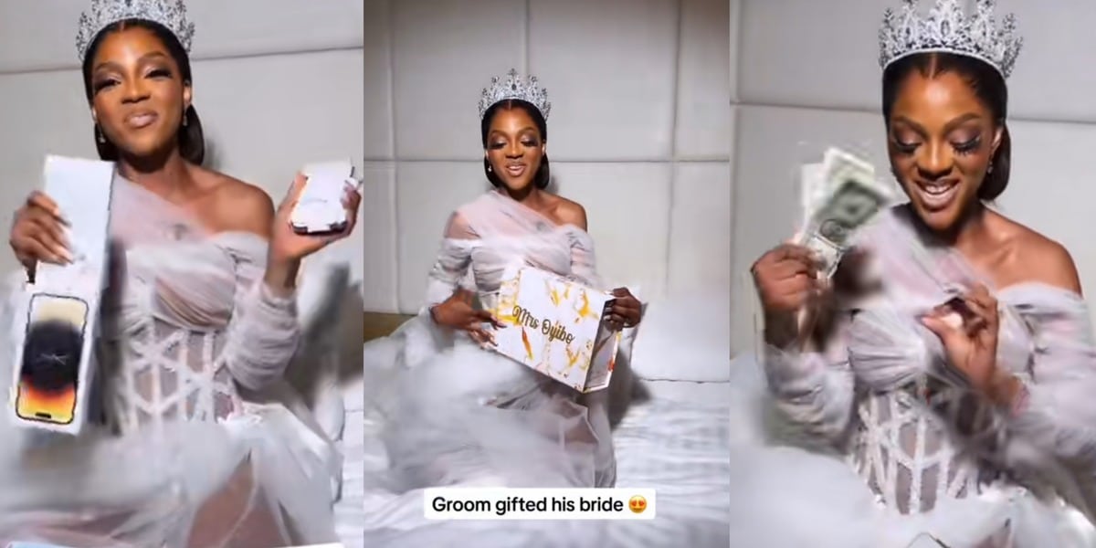 "Am I a spoon?" - Beautiful bride sparks jealousy as she gets iPhone 15 Pro Max, wad of dollars as gifts on wedding day