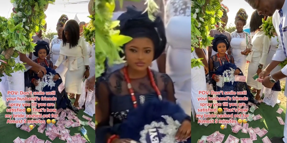 "If I laugh, make I bend" - Bride refuses to smile until groom, friends shower her with cash on wedding day