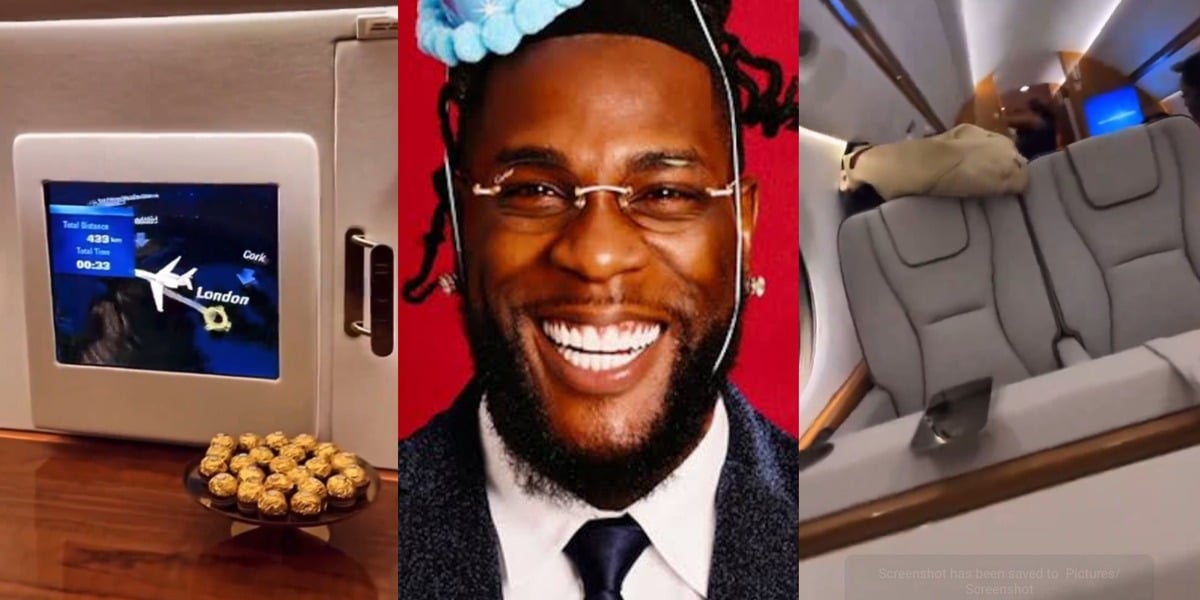 "His private jet keh? - Burna Boy raises eyebrows online as he flaunts interior of an allegedly 'rented' private jet