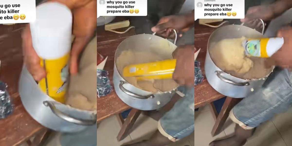 "This is serious" - Hungry Nigerian man stirs controversy online as he uses a tin of mosquito killer to make Eba