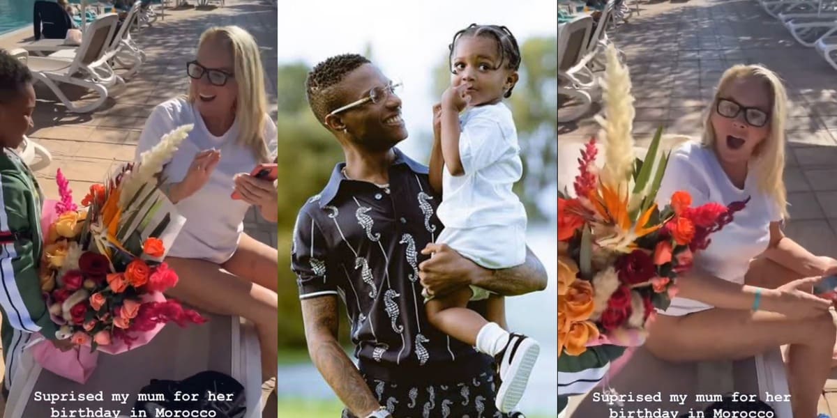 "Suprise Granny" - Wizkid's son, Zion Balogun sweeps grandmother off her feet with flowers on her birthday