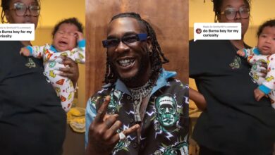 Little baby raises eyebrows online as he immediately stops crying when Burna Boy's song 'On the Low' is played