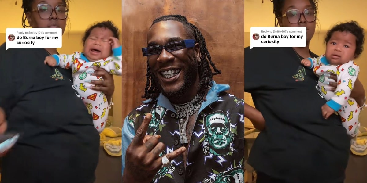 Little baby raises eyebrows online as he immediately stops crying when Burna Boy's song 'On the Low' is played