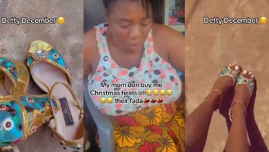 "Detty December" - Nigerian lady flaunts her 'Koi Koi shoe' that her mother got her for Christmas