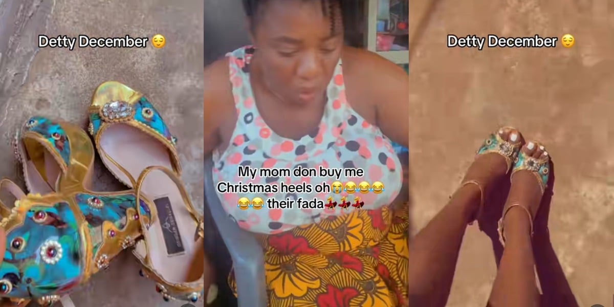 "Detty December" - Nigerian lady flaunts her 'Koi Koi shoe' that her mother got her for Christmas