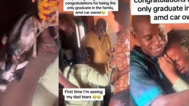 "Congratulations baby" - Tears of joy as proud father gifts daughter a goat for being the only graduate in the family