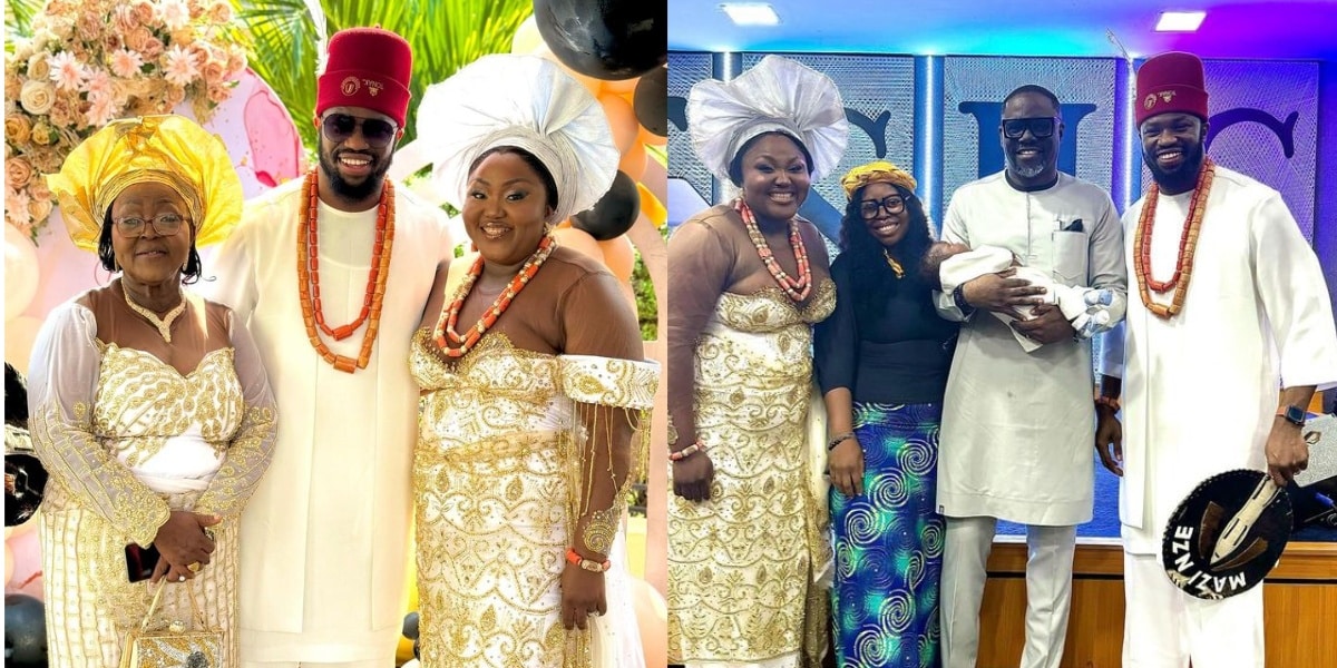 Stan Nze and wife, Blessing Obasi take their newborn son, Jayden to church for dedication