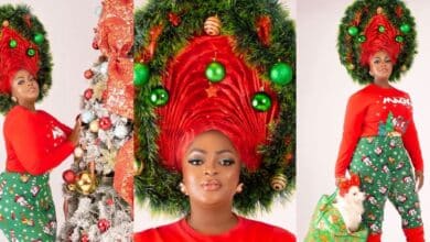 “Christmas picture of the year” – Eniola Badmus Christmas tree-like headgear causes stir online