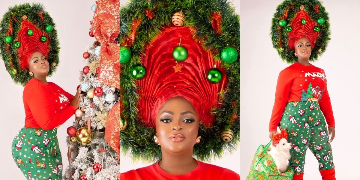 “Christmas picture of the year” – Eniola Badmus Christmas tree-like headgear causes stir online