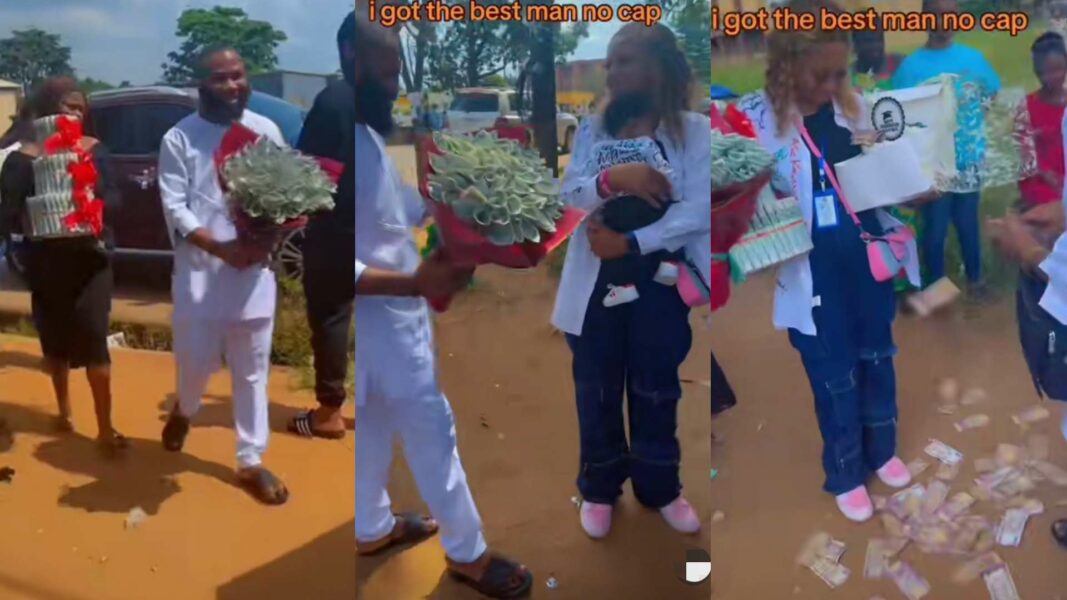 "Is your husband single?" – Husband storms wife's graduation to celebrate her in grand style