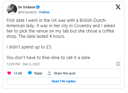 "I didn't spend up to N5k" - Nigerian man shares his date experience with foreign lady in UK; it stuns many