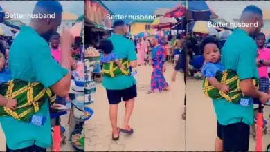 "If na yahoo boy, he go dey form" - Man praised as he storms market backing baby