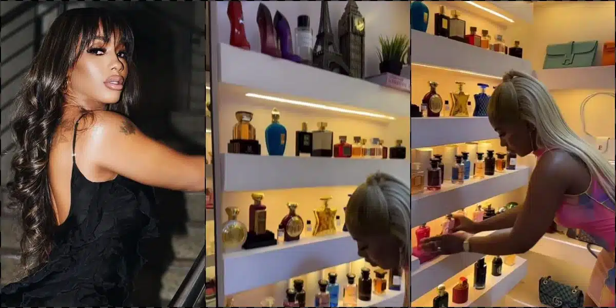 Mercy Eke flaunts her collection of perfumes worth millions of naira