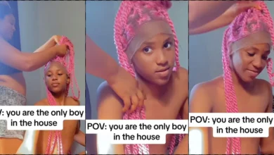 "He fine pass many girls" - Lady causes a buzz as she tests wig on her brother