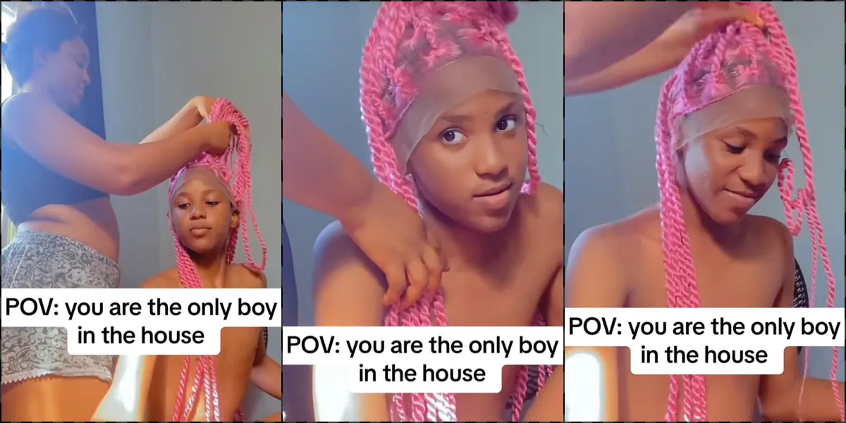 "He fine pass many girls" - Lady causes a buzz as she tests wig on her brother