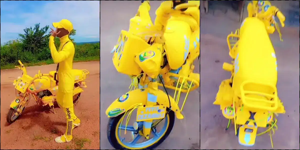 "MTN ambassador" - Reactions as man rocks all-yellow outfit, bike