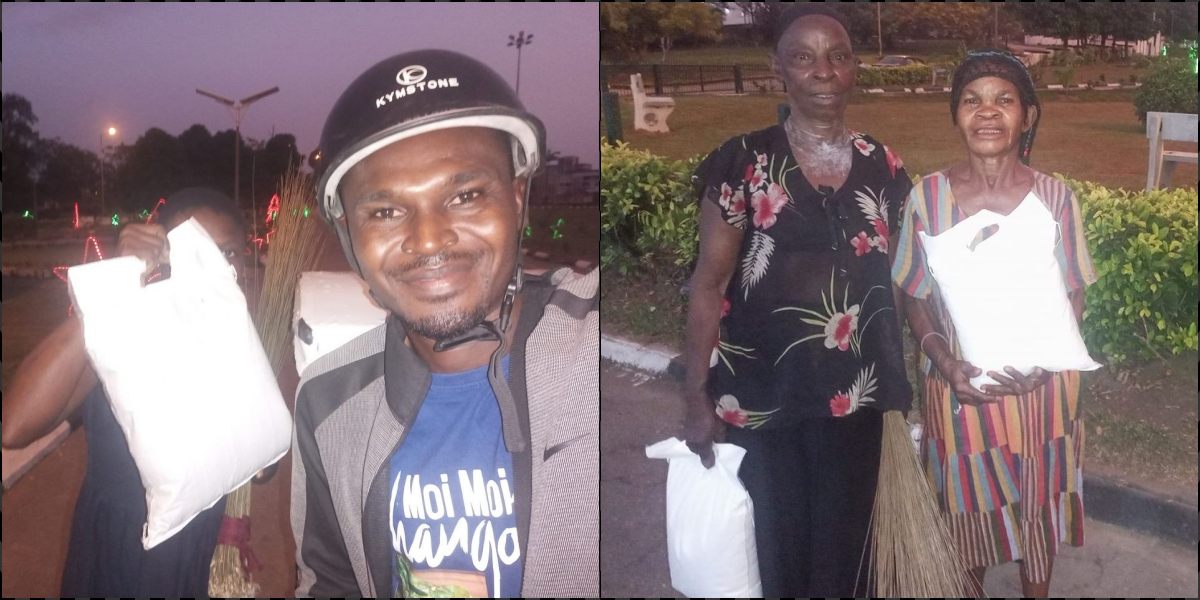 Man surprises three street sweepers with bags of rice