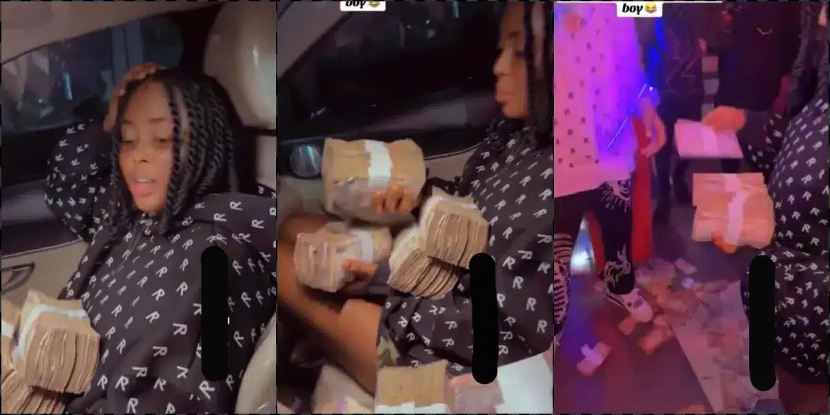 Lady flaunts stash of money spent at club with her Benin boyfriend